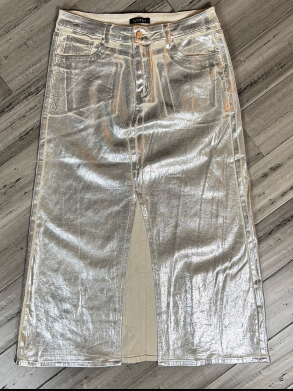 ELEVEN22 SILVER METTALIC COATED DENIM MAXI SKIRT HIGH SLIT Y2K FUTURISTIC GLAM - Picture 6 of 12